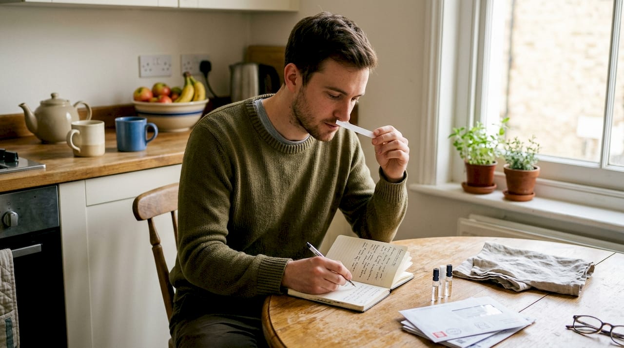 Man sampling perfume in casual kitchen setting