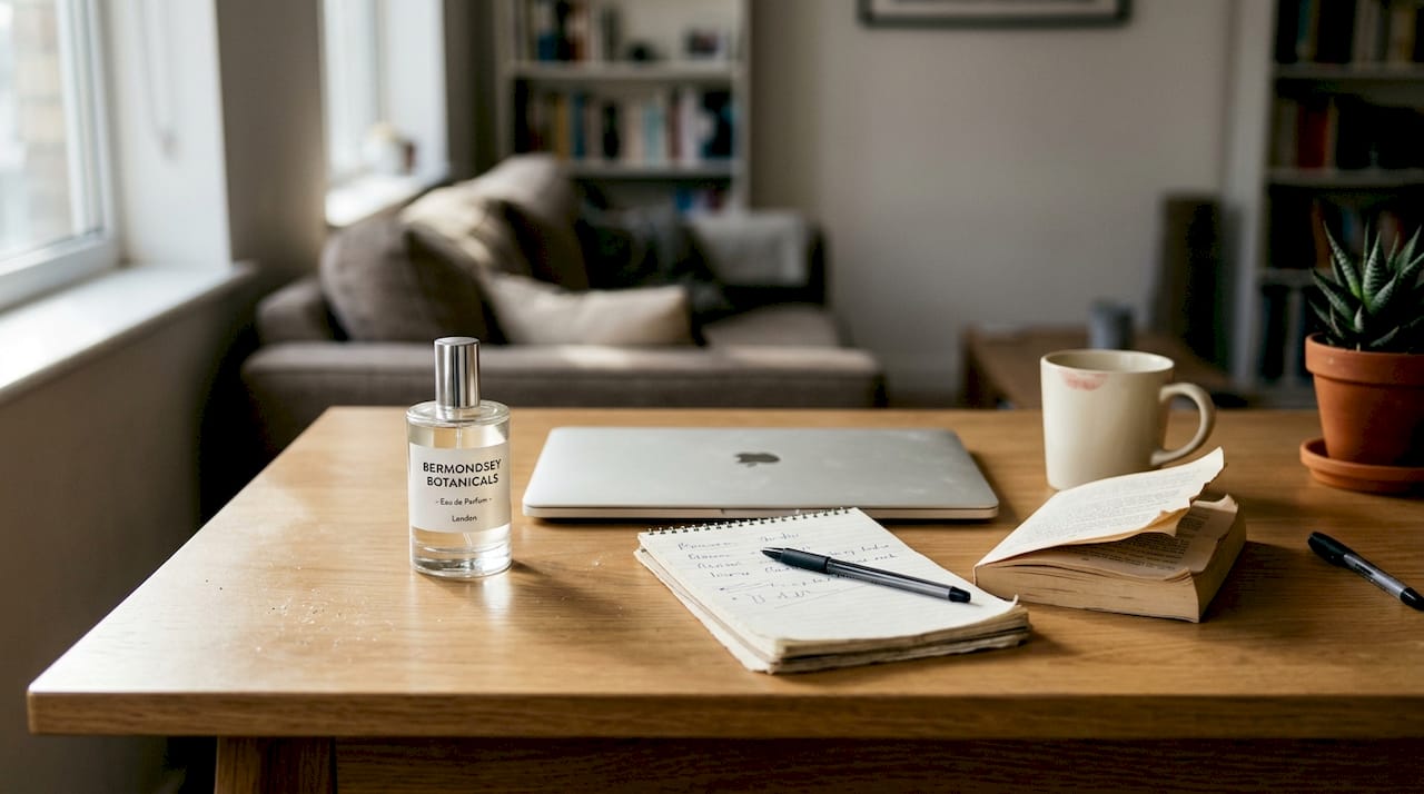 Perfume bottle with everyday desk items