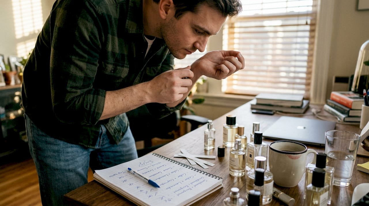 Man blending affordable perfumes at desk