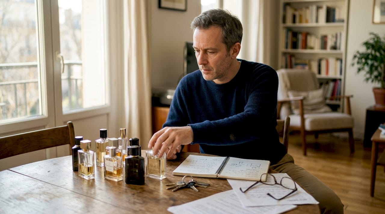 Man sorting perfume bottles at table