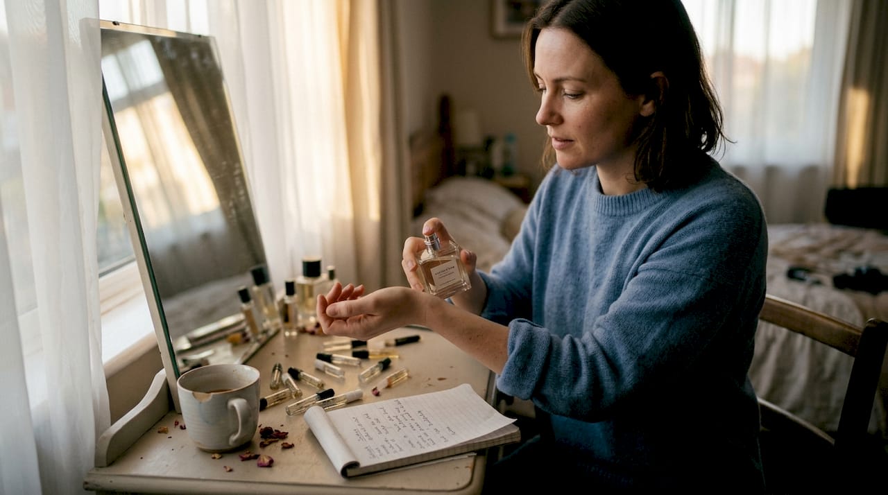 Woman testing perfume on her wrist at vanity