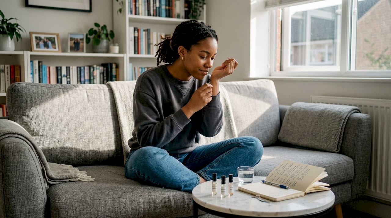 Sampling perfume vials in living room