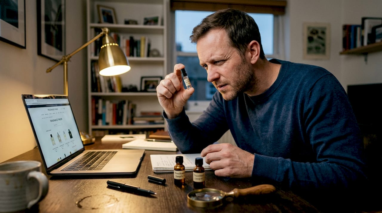 Man inspecting label on fragrance vial