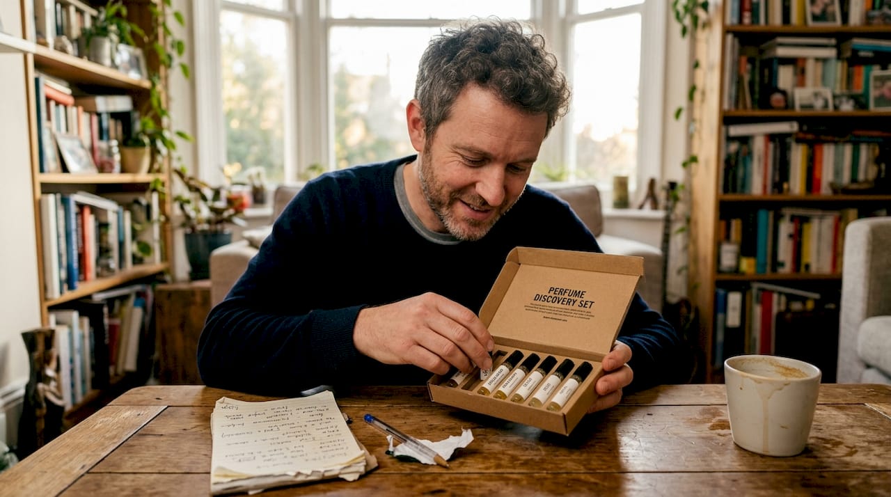 Man opening perfume discovery set in living room
