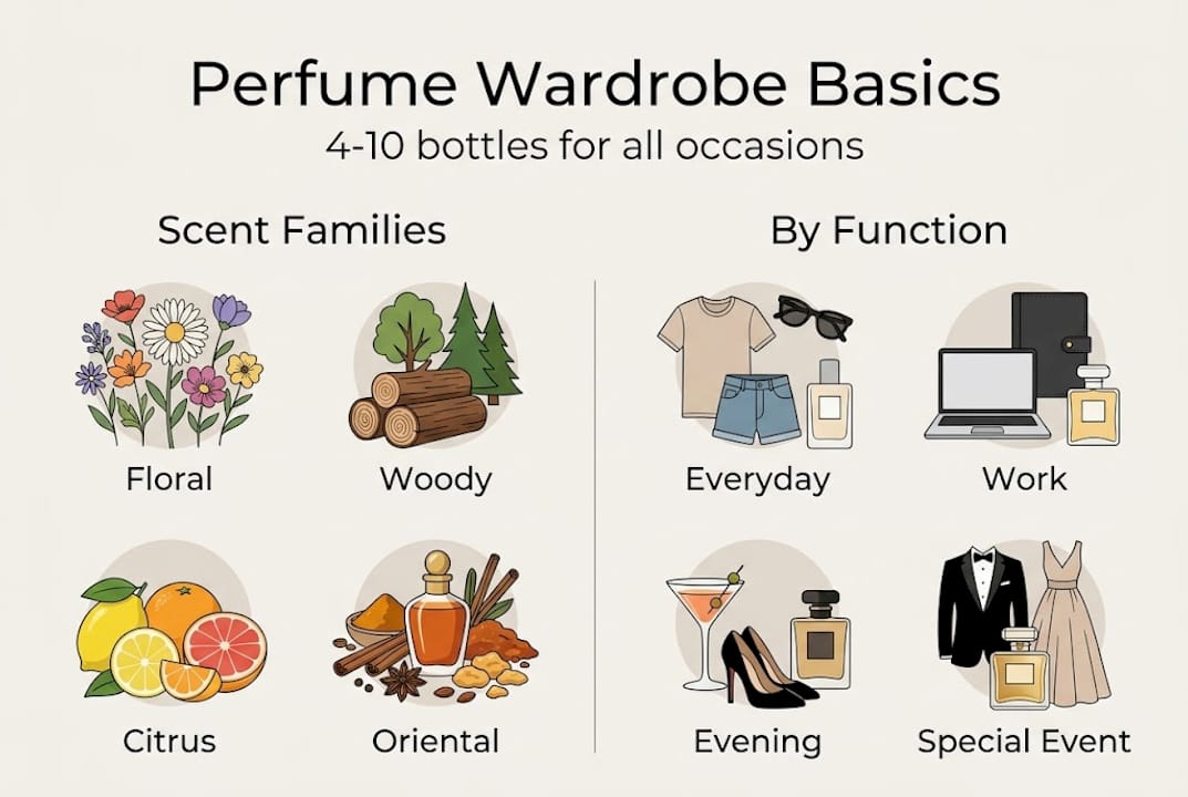 Perfume collection essentials infographic with scent and function