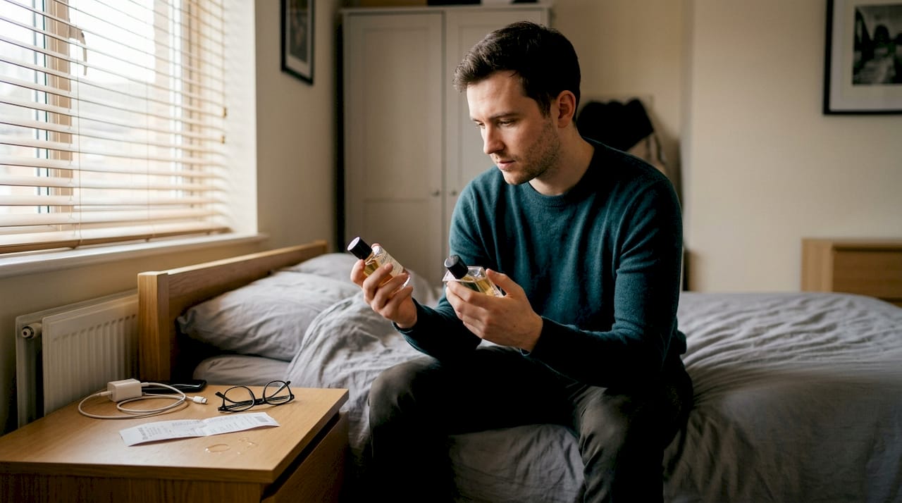 Person comparing two perfume bottles on bed