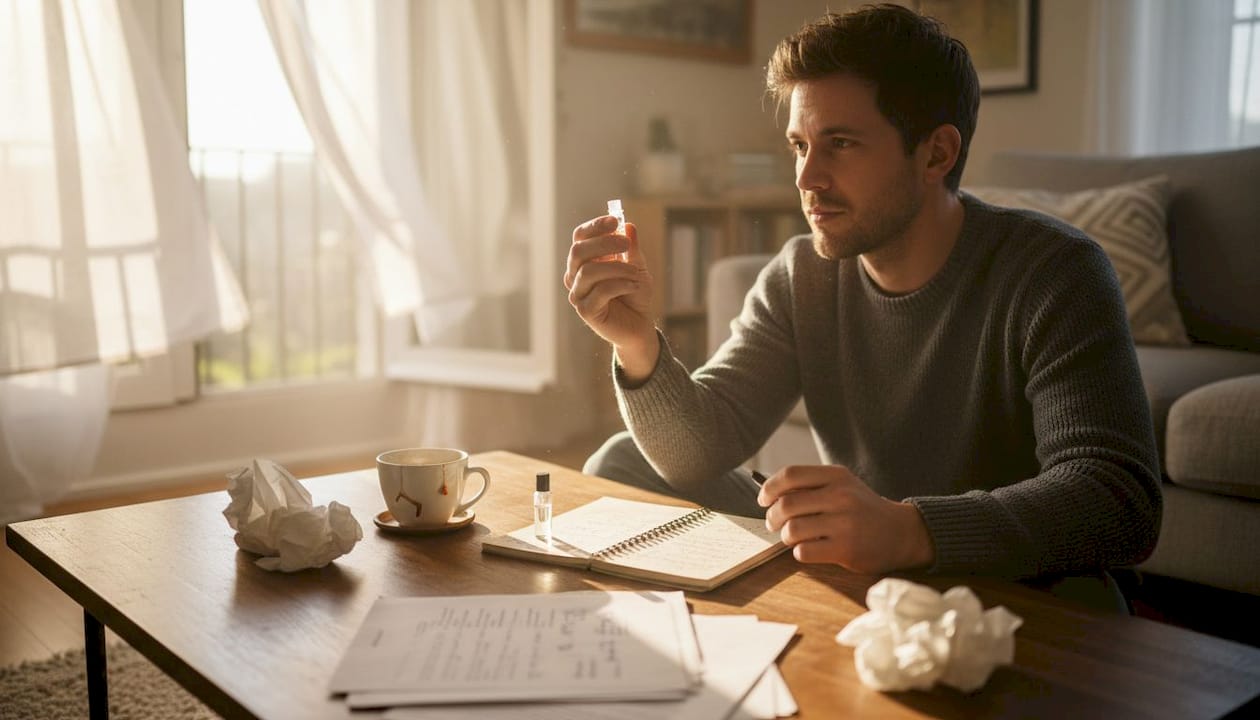 Man comparing perfume samples at coffee table