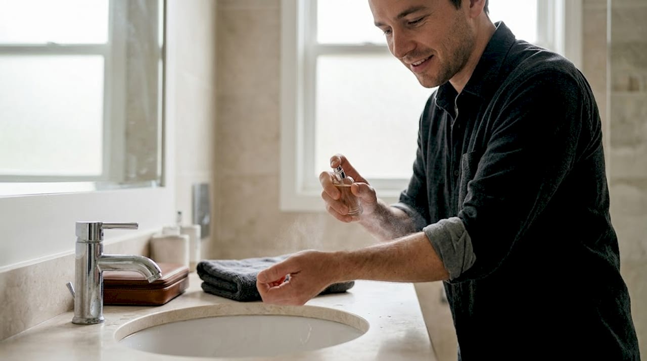 Man testing perfume on wrist in bathroom