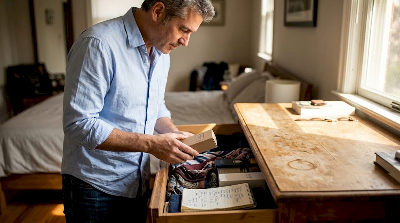 Man storing perfume boxes in dresser drawer