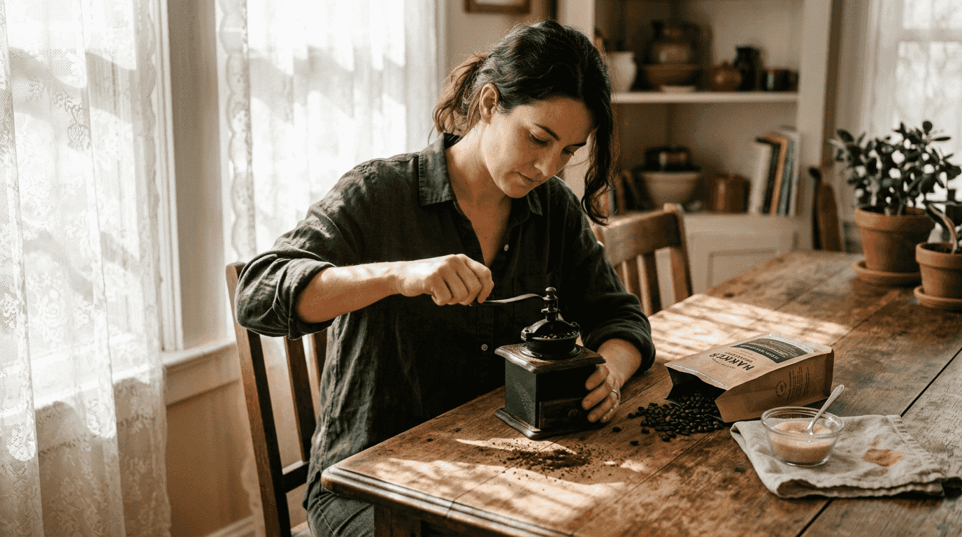 Woman grinding coffee beans at vintage table