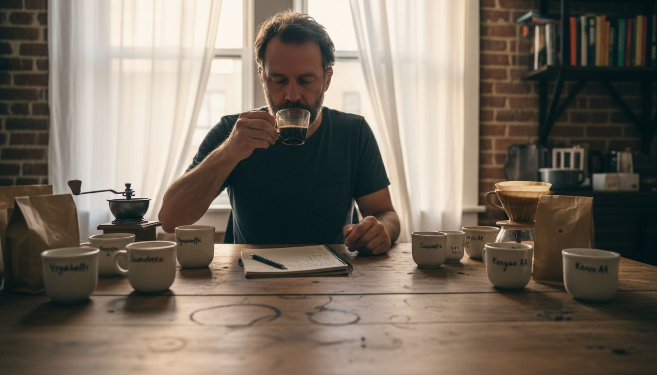Man evaluating aroma of character coffee beans