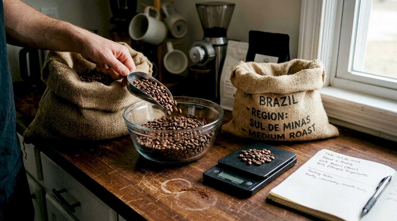 Hand scooping Brazilian coffee beans into bowl