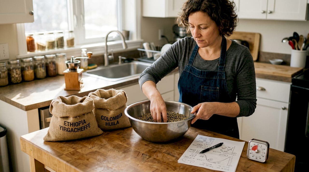 Roaster mixing beans before roasting in kitchen