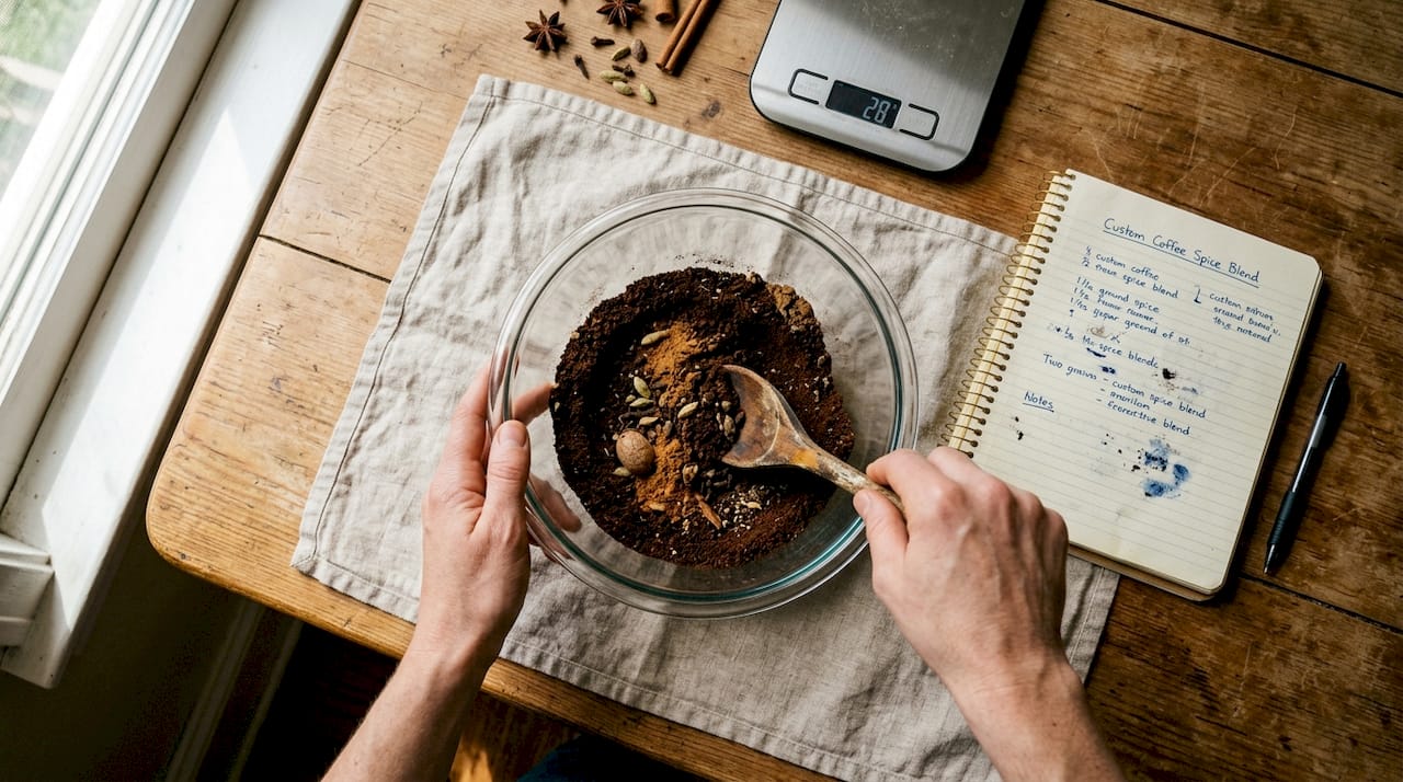 Hands blending coffee and spices in kitchen