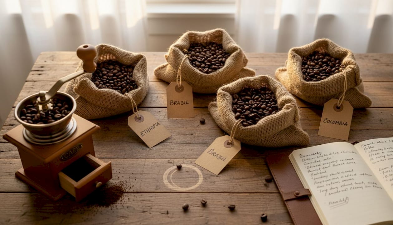Coffee beans from different origins on table