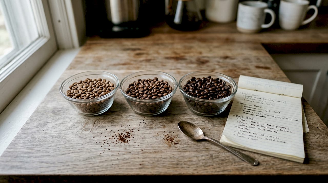 Coffee beans showing light, medium, dark roast