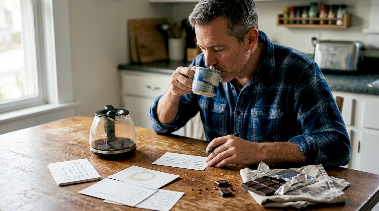 Man tasting coffee with confection notes