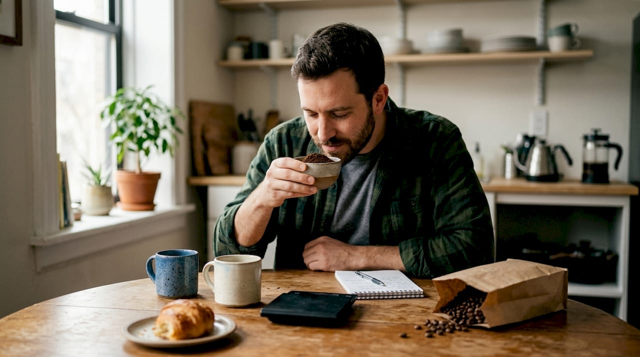 Man smelling ground coffee at kitchen table