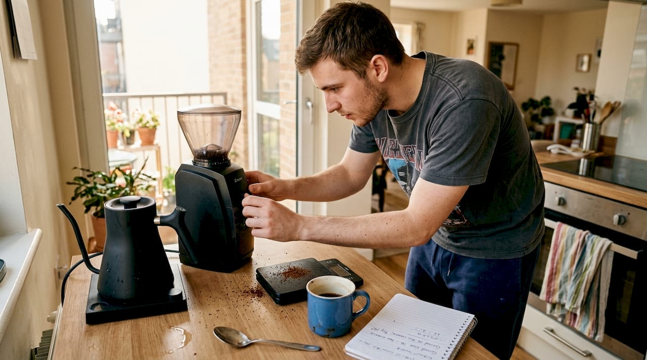 Man calibrating coffee grinder at home