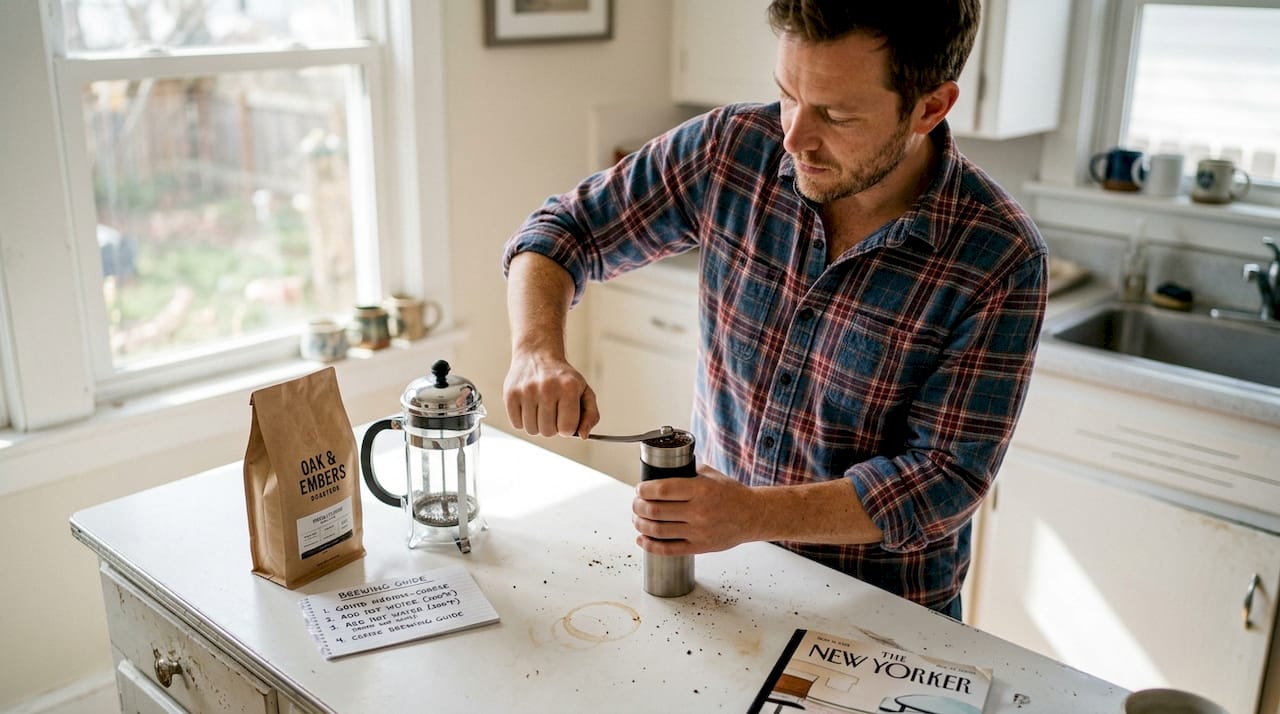 Man grinding coffee beans in kitchen