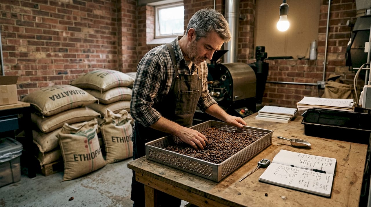 Coffee roaster examining fresh roasted beans