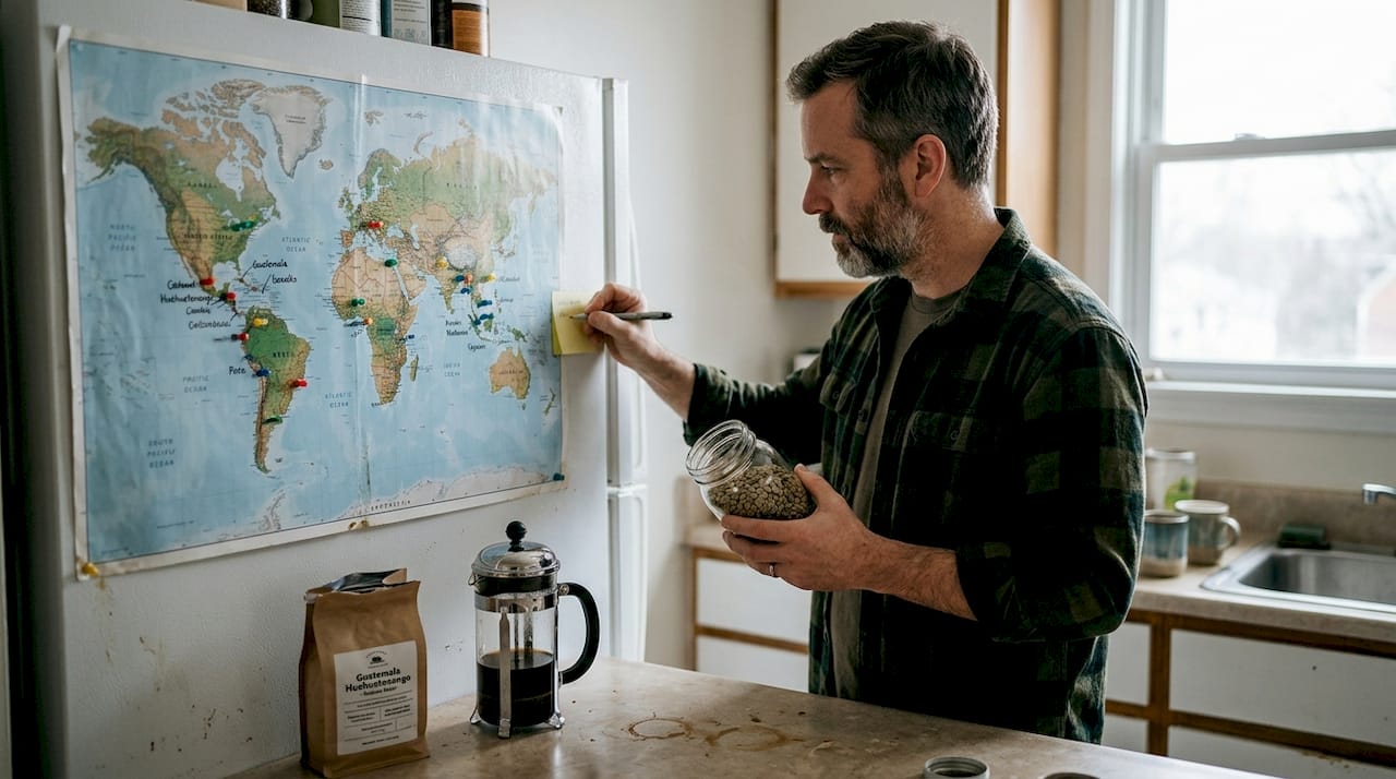 Man studying coffee origins in his kitchen