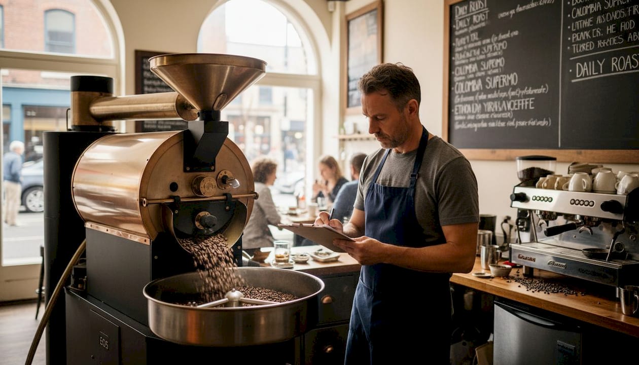 Barista watching coffee beans roast in café