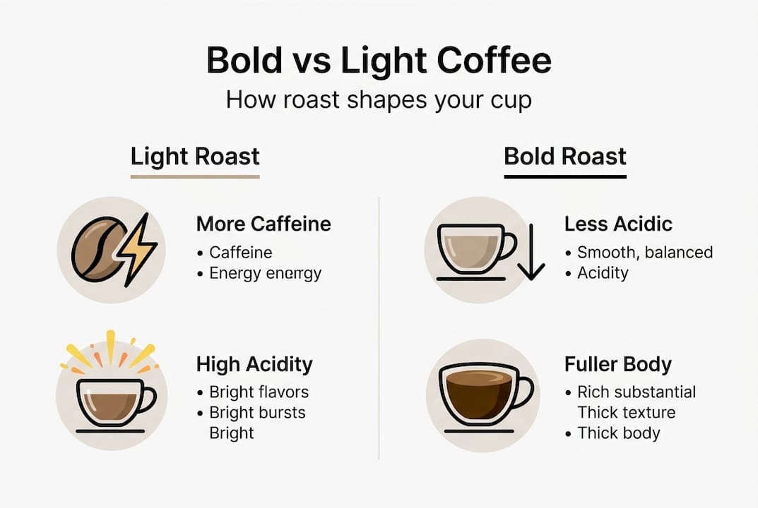 Infographic comparing bold and light roast coffee