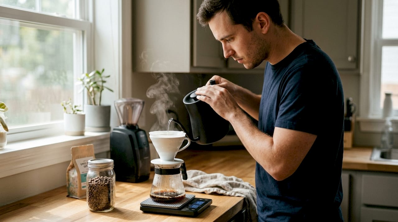 Man making pour-over coffee at home kitchen counter