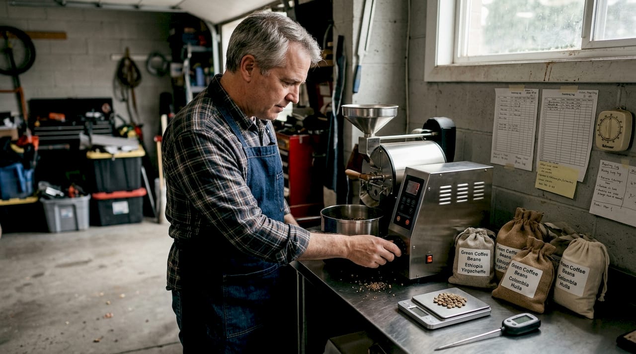Home coffee roasting in small workspace