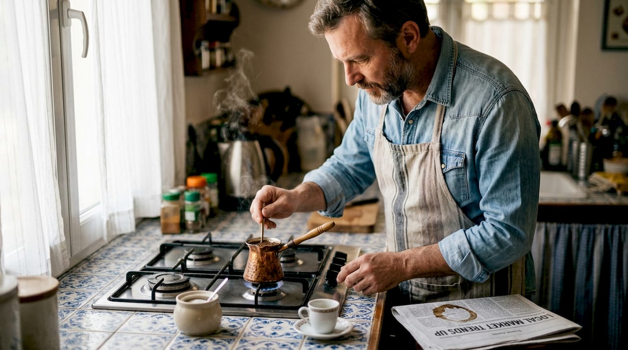 Man brewing Turkish coffee in home kitchen