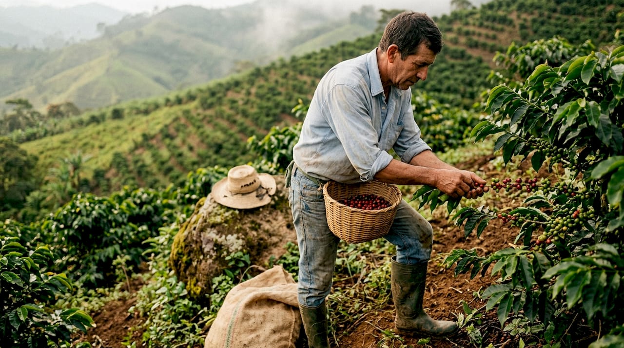 Worker handpicking coffee cherries on hillside farm