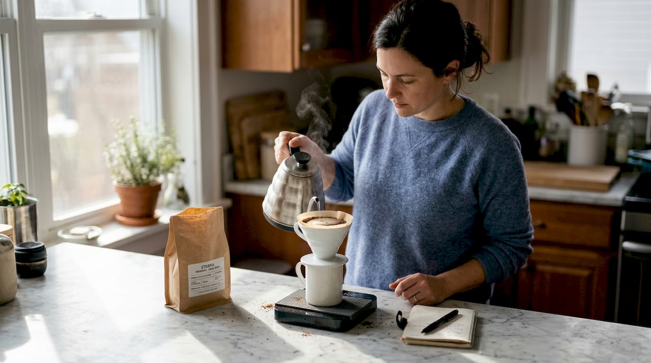 Woman making pour-over coffee at marble counter