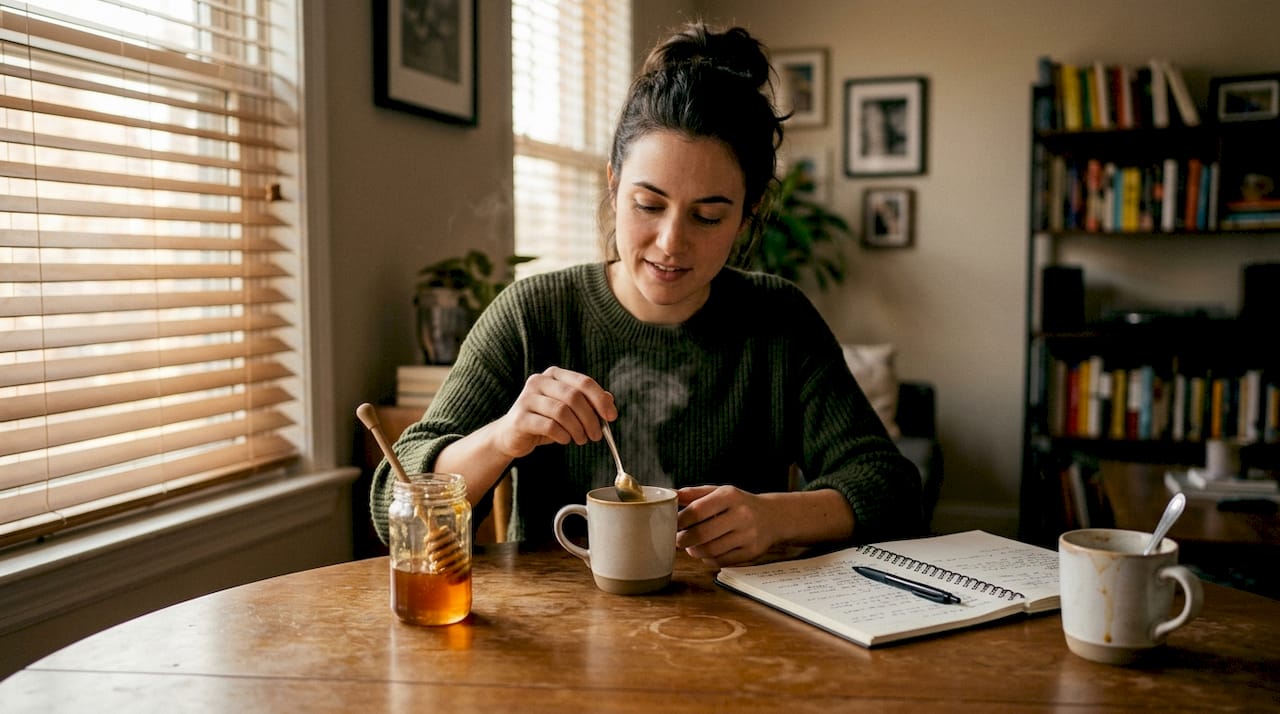 Woman stirring honey into cup of coffee