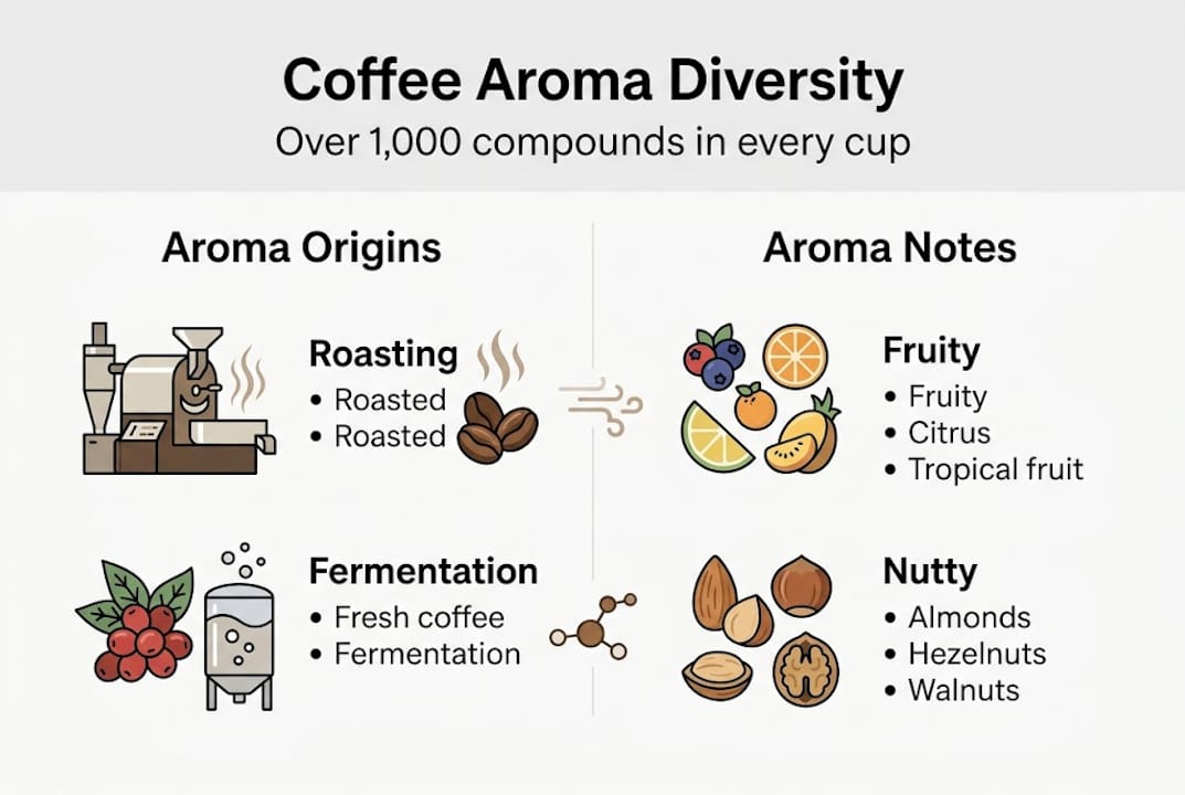Infographic showing coffee aroma sources and notes