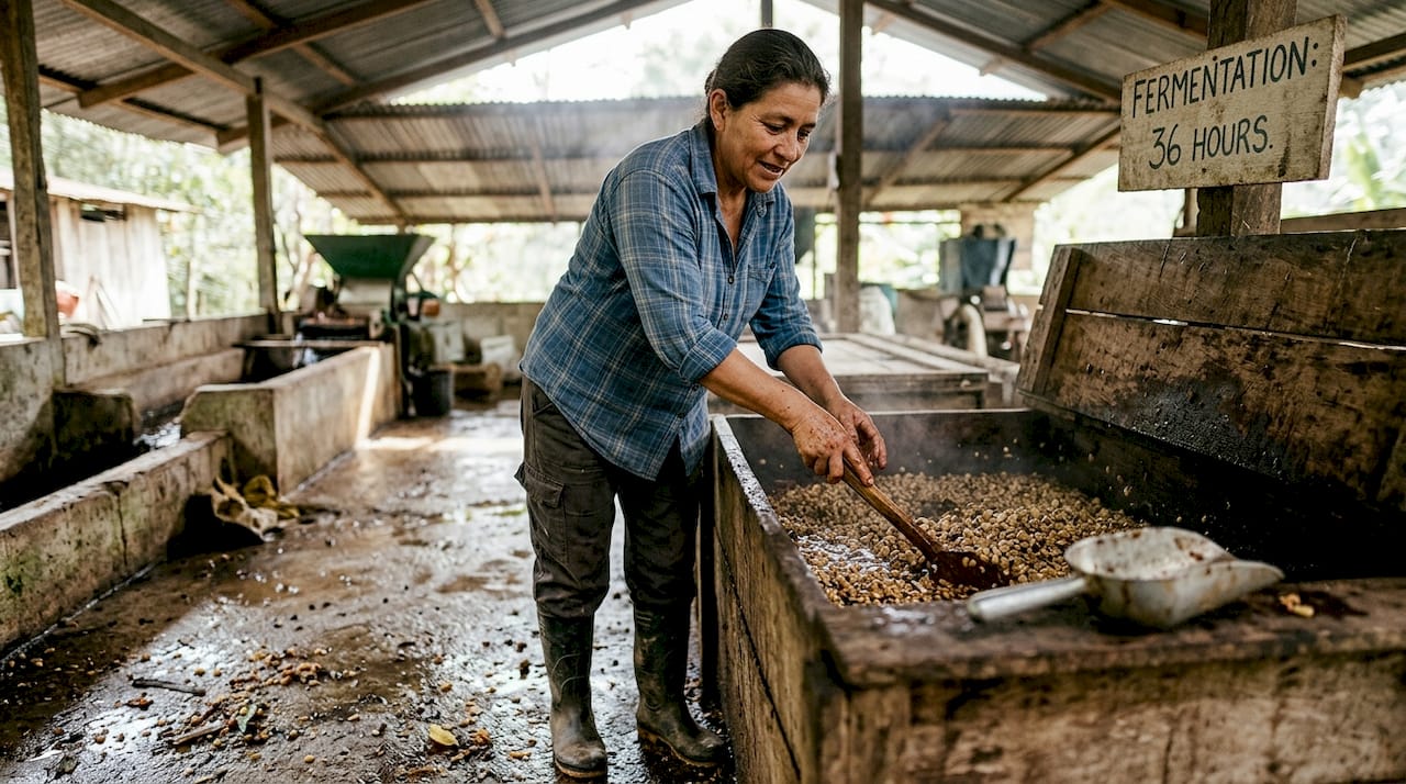 Farmer stirring fermenting coffee cherries