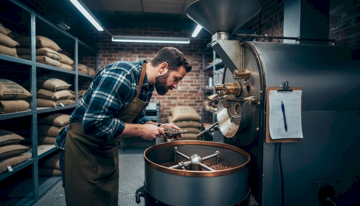 Coffee roaster checking beans in drum roaster