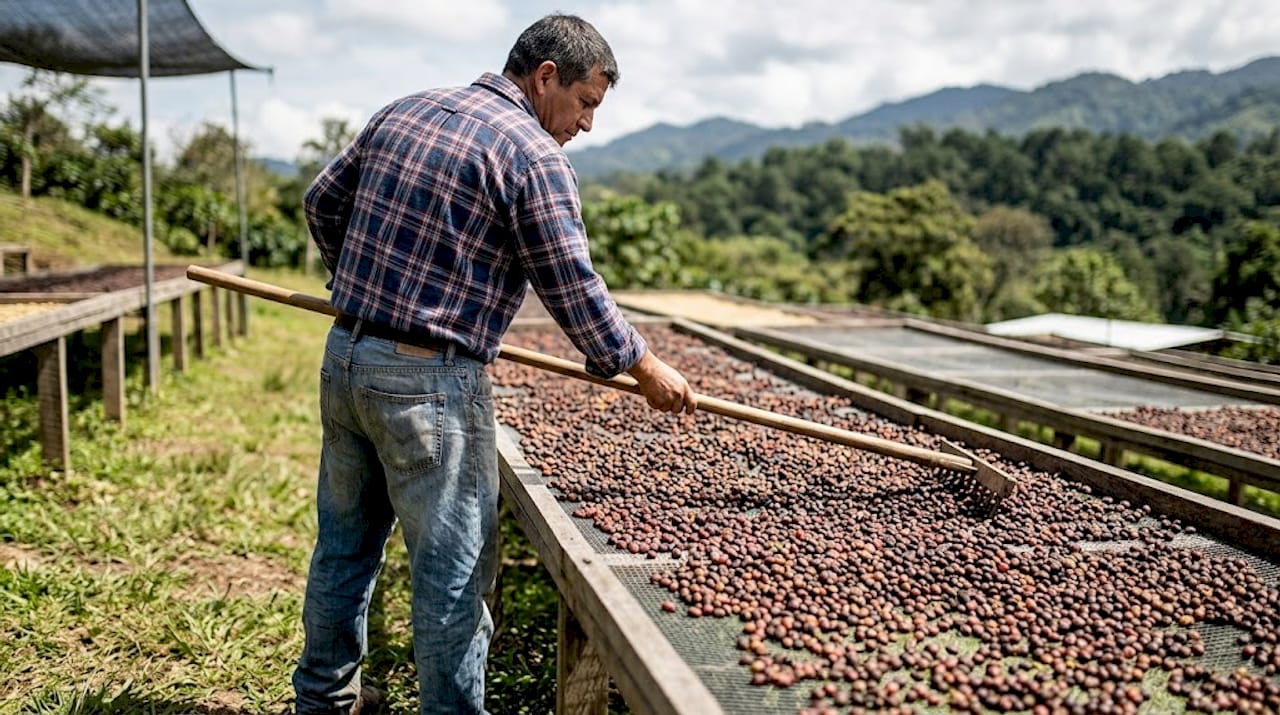 Worker tending coffee cherries on drying bed