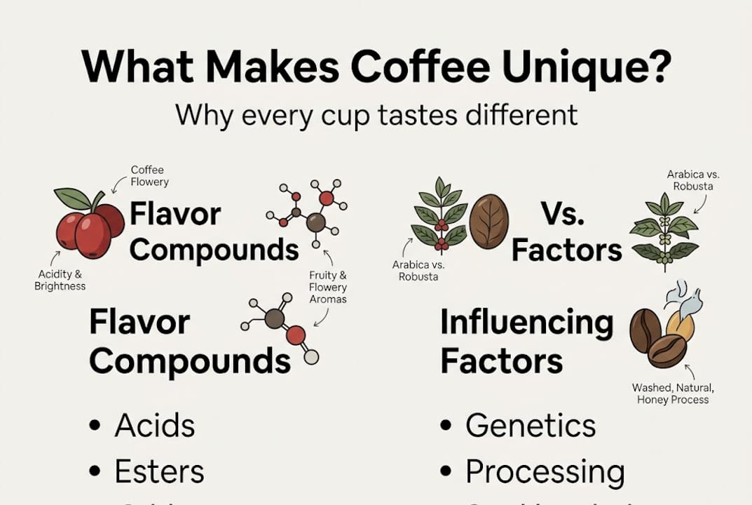 Infographic showing coffee flavor compounds and factors
