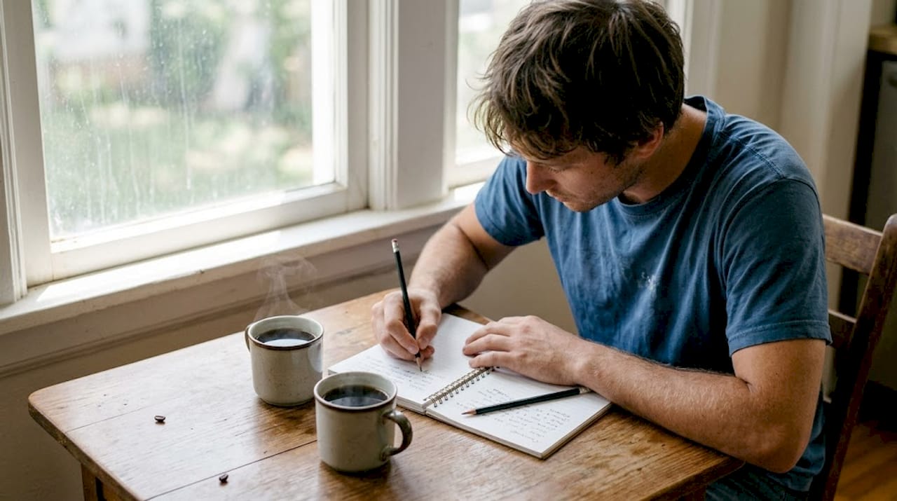 Man writing coffee tasting notes at table