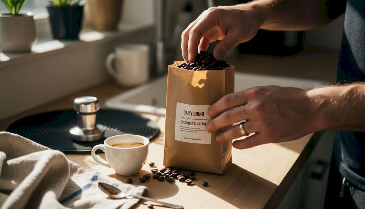 Hands opening bag of specialty coffee beans