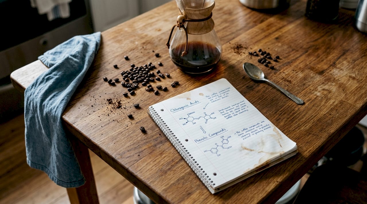 Coffee beans and antioxidant diagram on table