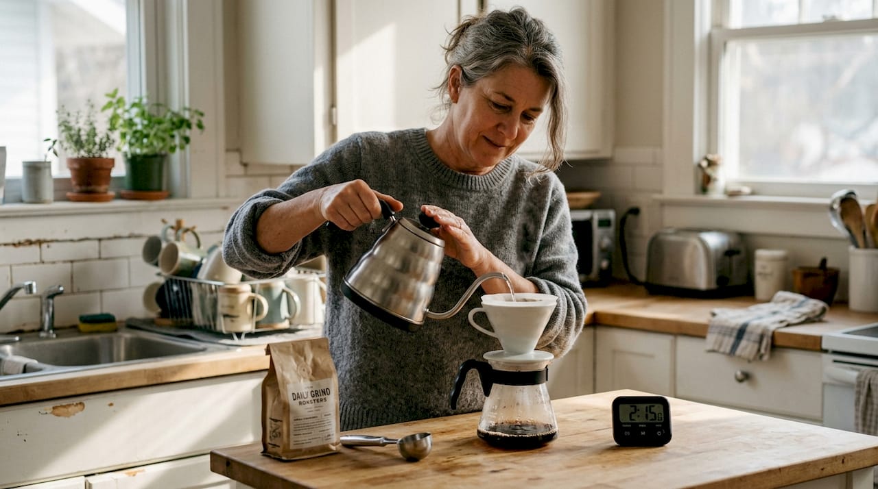 Morning pour-over coffee ritual in kitchen