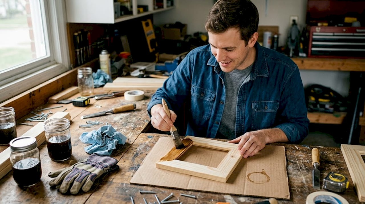 Man applying coffee stain to wood