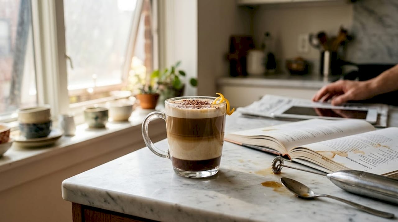 Layered chocolate coffee in glass mug with garnish
