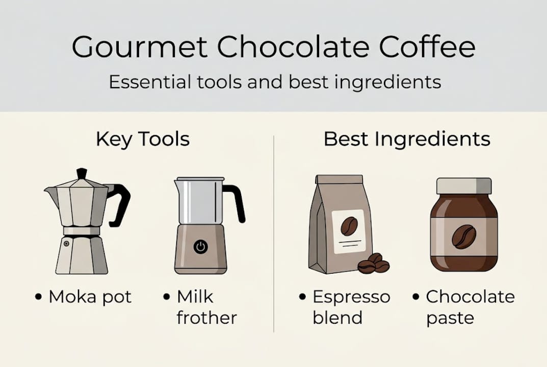 Infographic showing chocolate coffee tools and ingredients