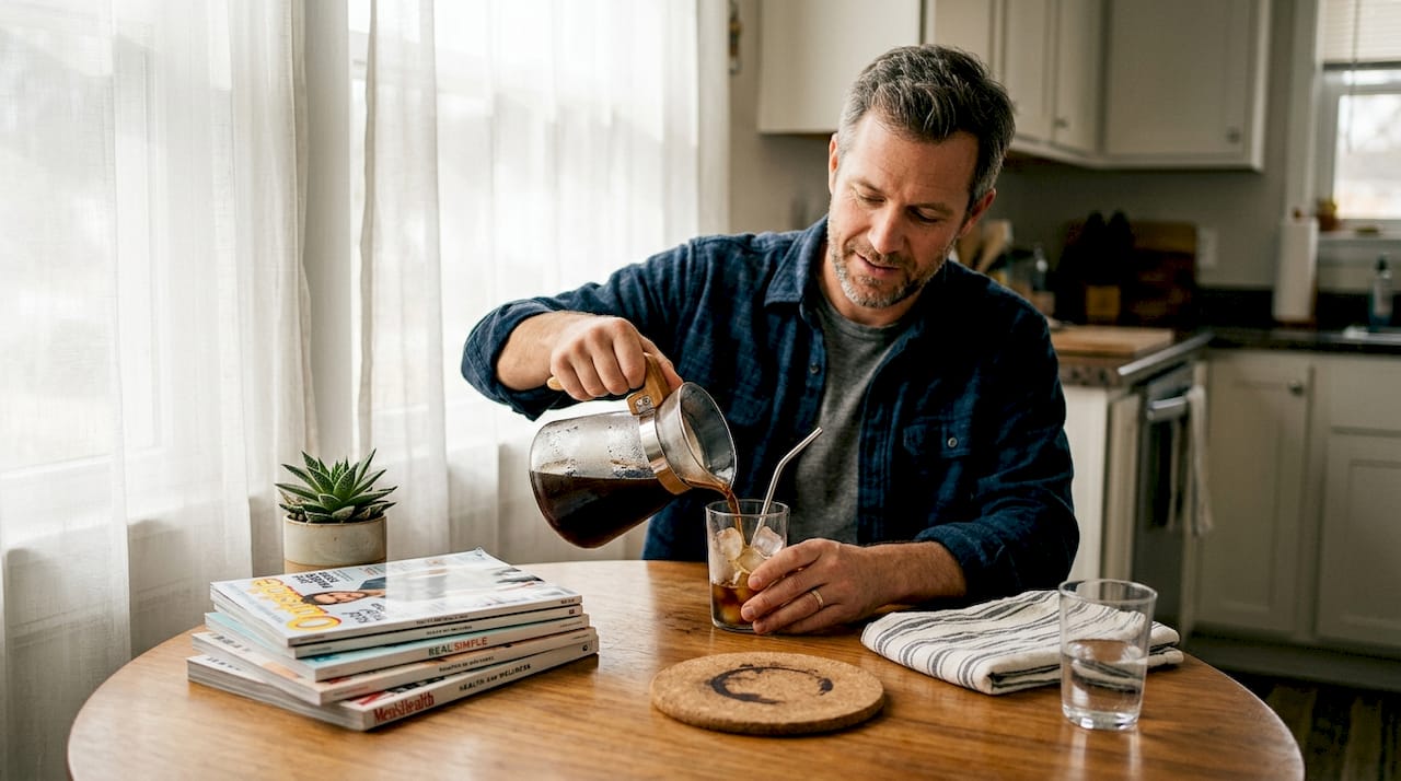 Man pours cold brew coffee at table