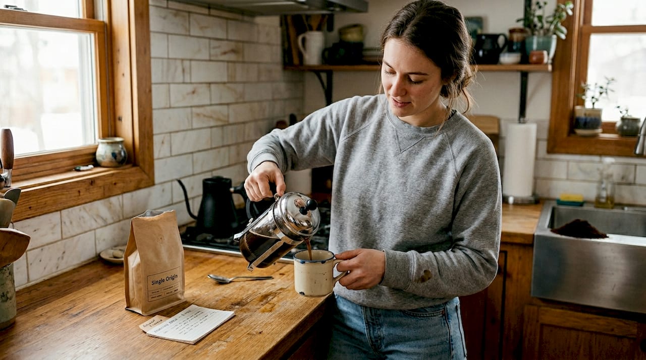 Pouring coffee in home kitchen morning