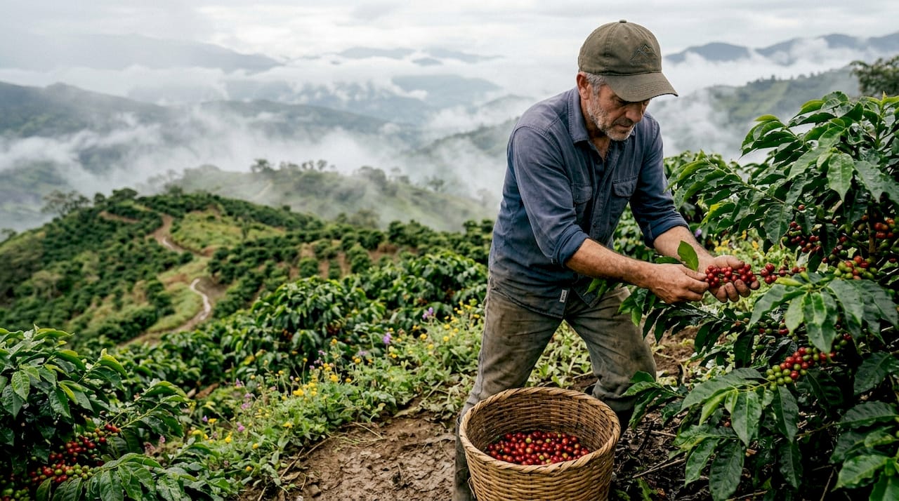 Coffee farmer inspecting cherries hillside