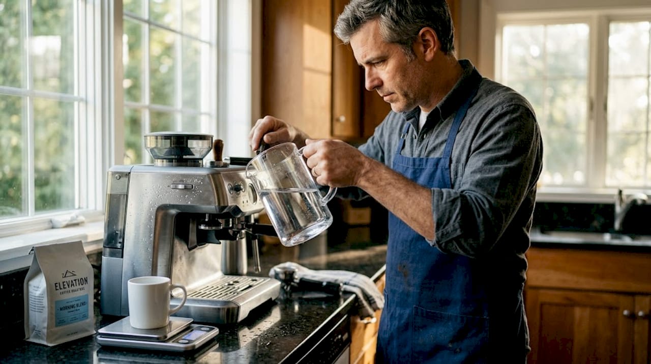 Man filling espresso machine with filtered water